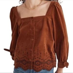 Madewell Embroidered Eyelet Corduroy Tie‎ Sleeve Top Womens Small Boho Hippie